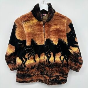 Vintage Mazmania Jacket Coat Kids Youth Size 7/8 Medium Deep Pile Fleece Horses‎